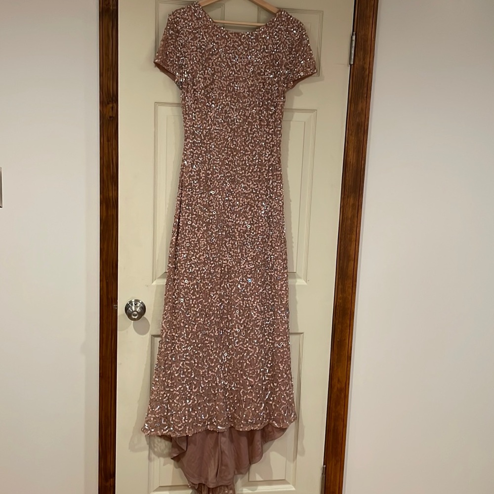 Adrianna Papell rose gold sequin scoop back gown with train size 14